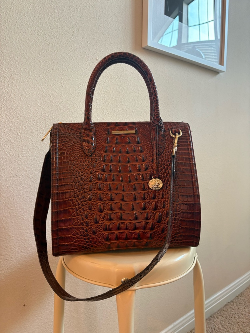Brahmin Croc-Embossed Satchel in Chestnut Brown
